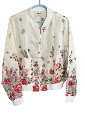 Sheer Thin White Floral Embroidered Bomber Looking Jacket